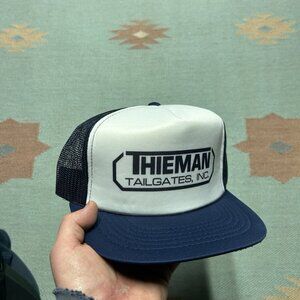 Vintage trucker hat mesh cap Thieman tailgates inc blue white snap adjustable